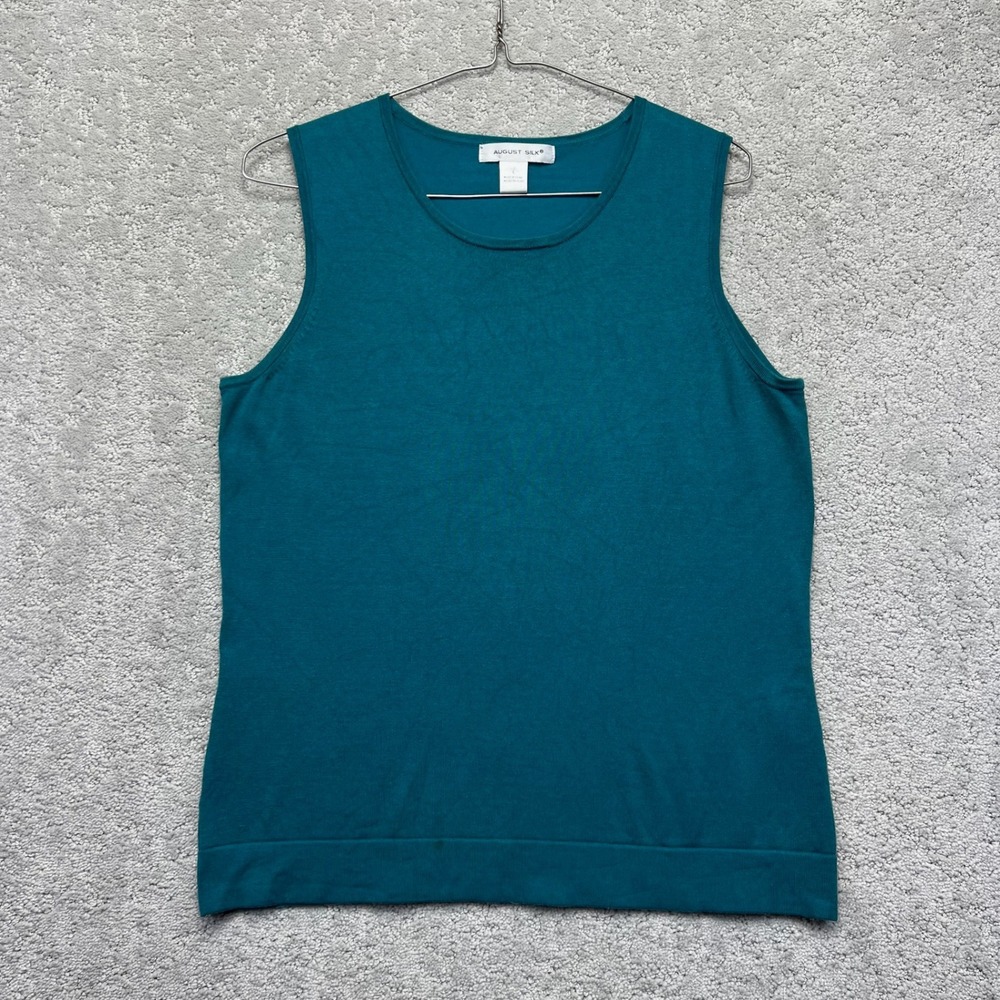 August Silk Tank Top Womens Large Teal Silk Blend Sleeveless Ribbed Knit